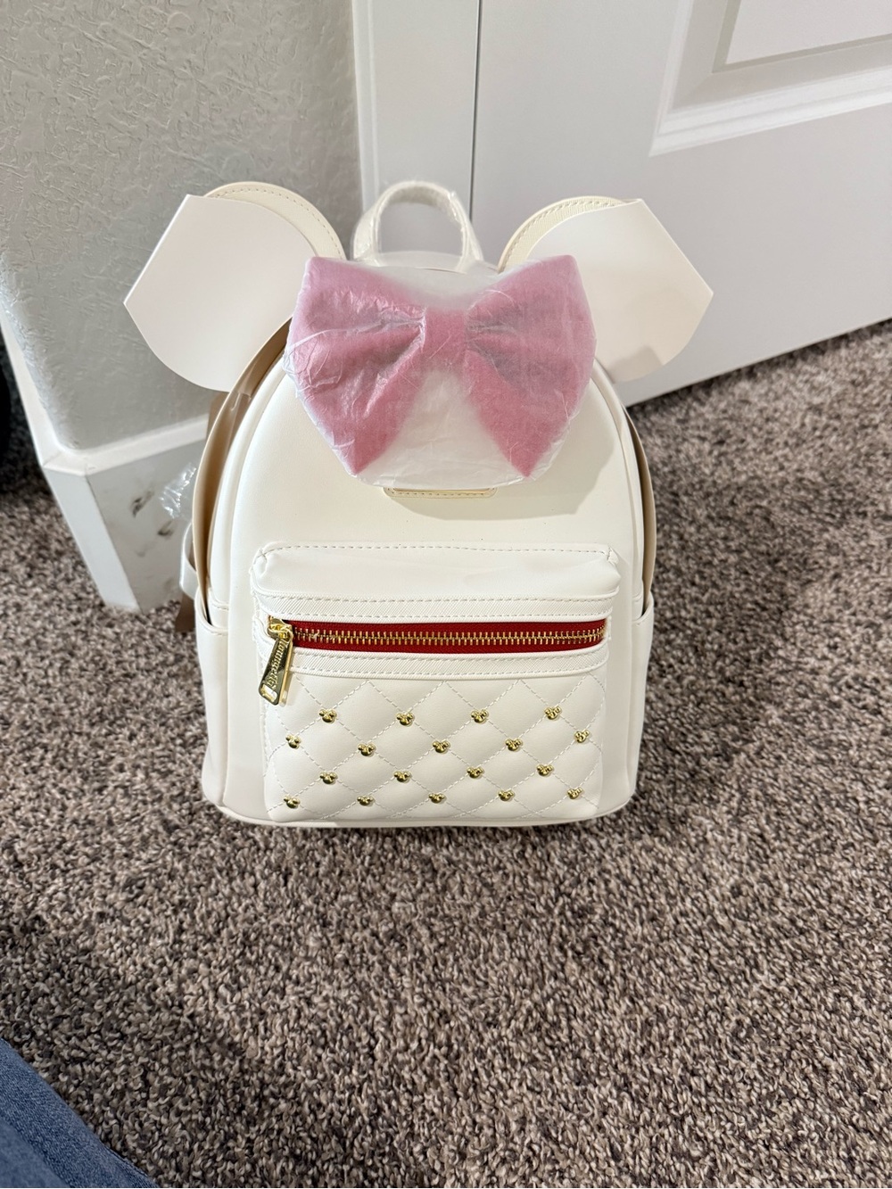Loungefly White Mini Backpack with Red Bow & Gold Studs